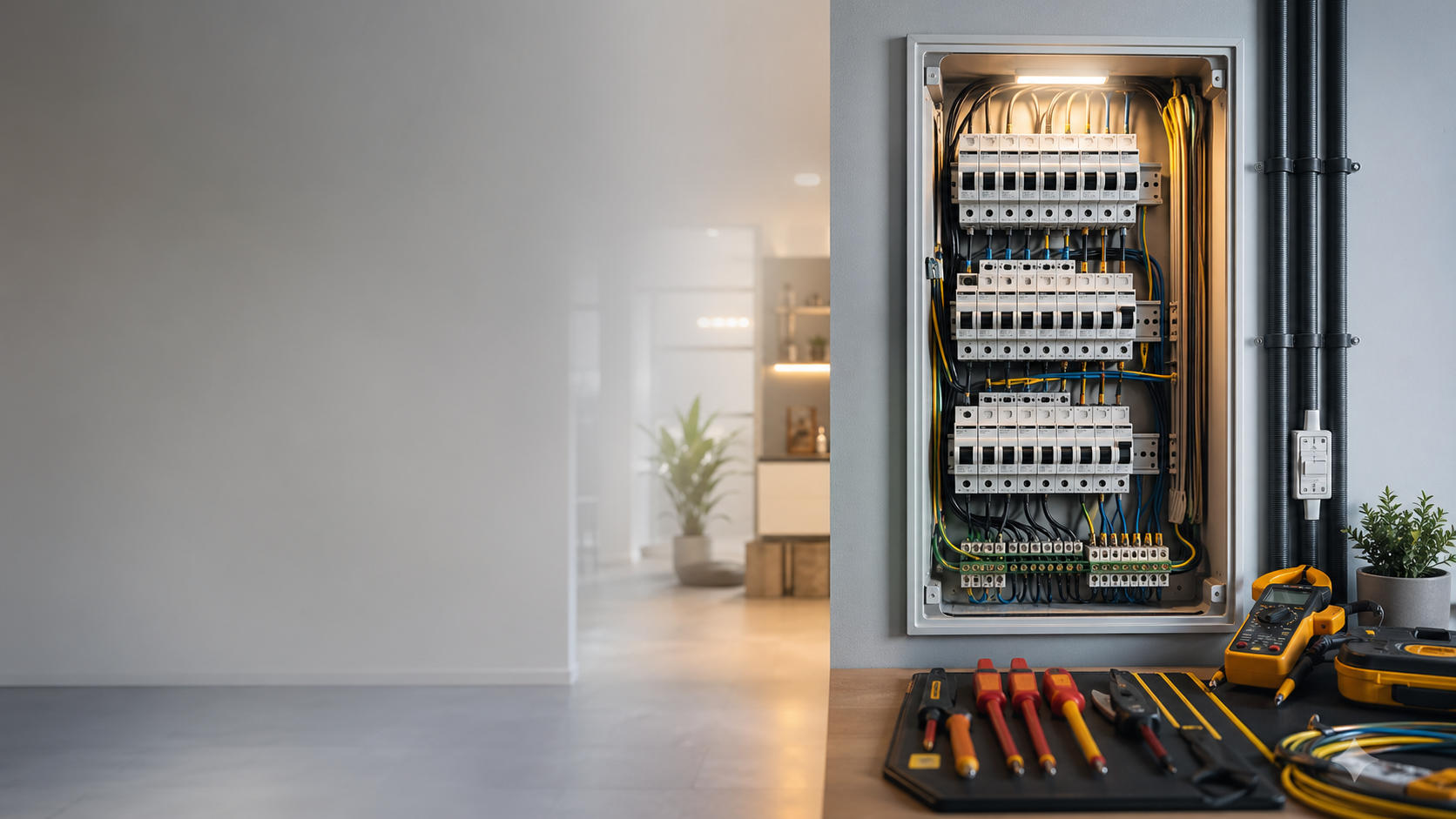 Quadro elétrico organizado com ferramentas de instalação