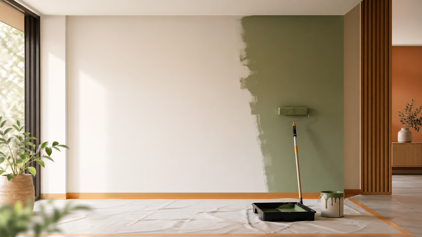 Parede interna sendo renovada com pintura profissional
